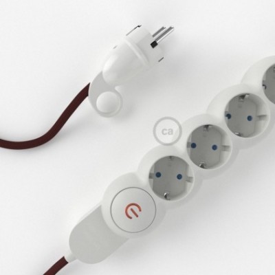 Multienchufe con cable en tejido efecto seda Burdeos RM19 y clavija Schuko con anillo comfort