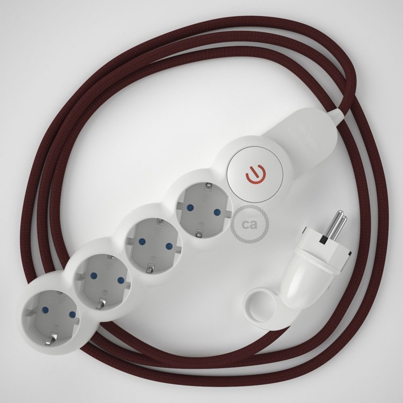 Multienchufe con cable en tejido efecto seda Burdeos RM19 y clavija Schuko con anillo comfort