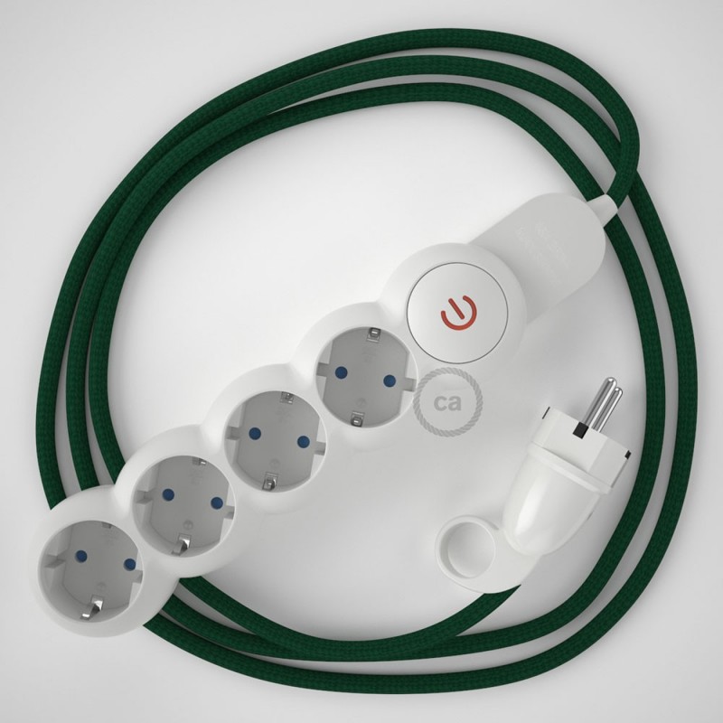 Multienchufe con cable en tejido efecto seda Verde Oscuro RM21 y clavija Schuko con anillo comfort