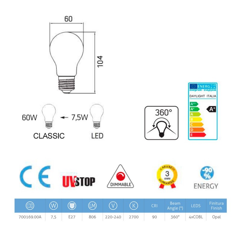 Bombilla LED Blanco Leche Standard A60 7,5W E27 Regulable 2700K
