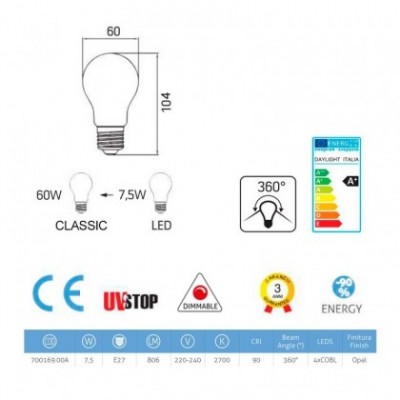 Bombilla LED Blanco Leche Standard A60 7,5W E27 Regulable 2700K