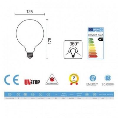 Bombilla filamento Led Globo 8W E27 Clara