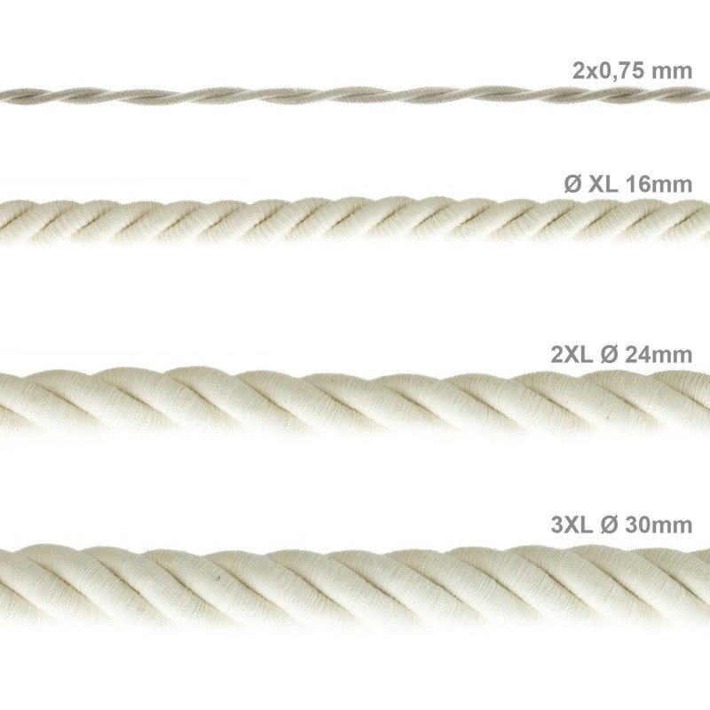 Cordón 2XL, cable eléctrico 3x0,75, recubierto en algodón en bruto. Diámetro: 24mm.