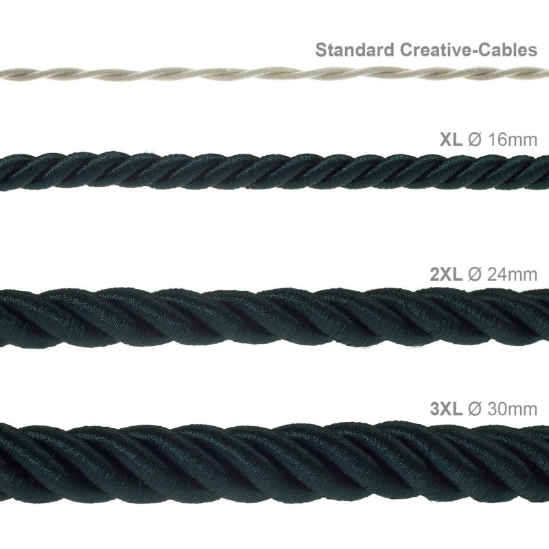 Cordón 2XL, cable eléctrico 3x0,75, recubierto en tejido verde oscuro brillante. Diámetro: 24mm.