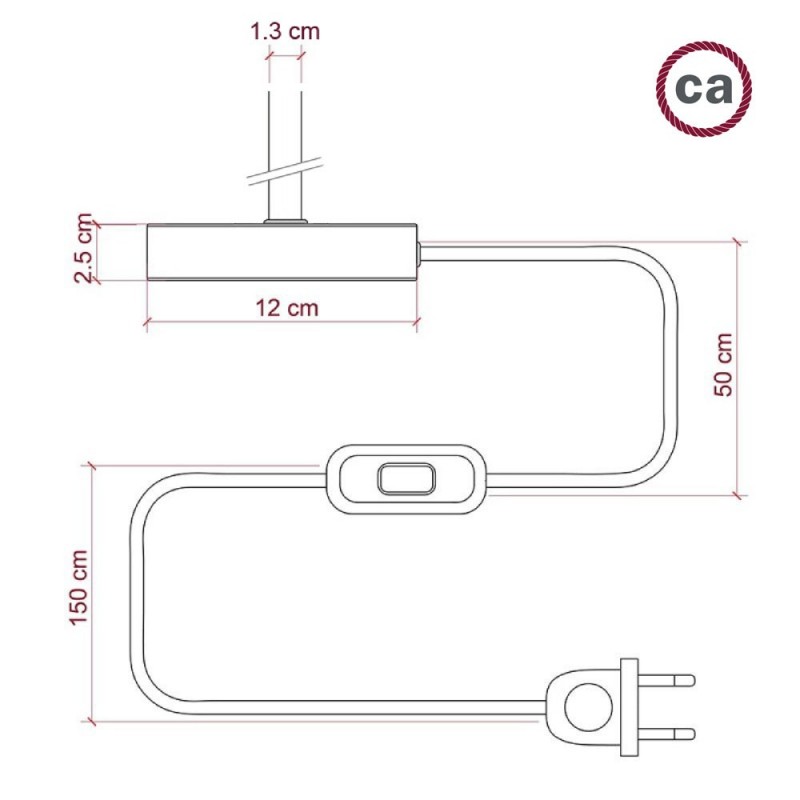 Alzaluce - Lámpara de mesa en metal con cable, interruptor y clavija de 2 polos
