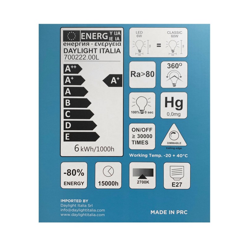 Bombilla LED Porcelana G155 6W E27 Regulable 2700K