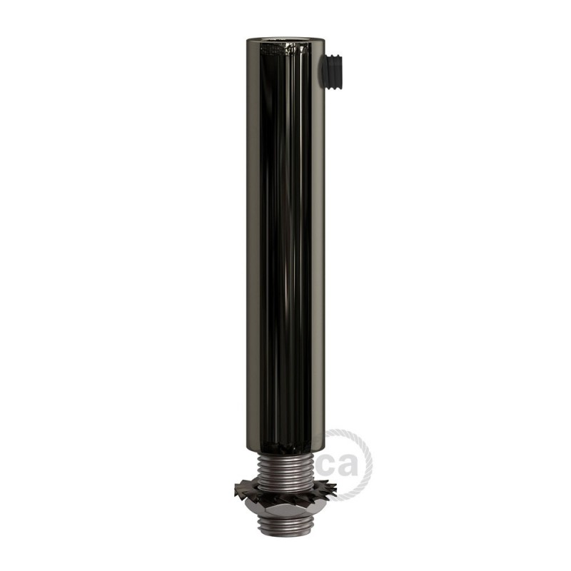 Prensaestopa metálico redondo, longitud 7 cm, acabado negro perla, completo de tubo roscado, tuerca y arandela