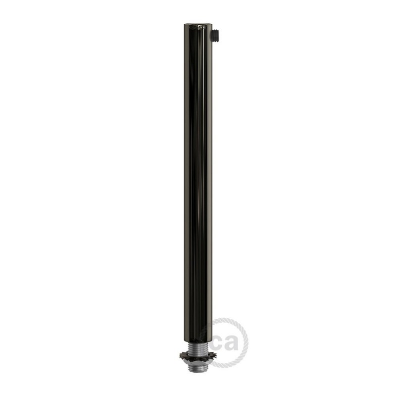Prensaestopa metálico redondo, longitud 15 cm, acabado negro perla, completo de tubo roscado, tuerca y arandela