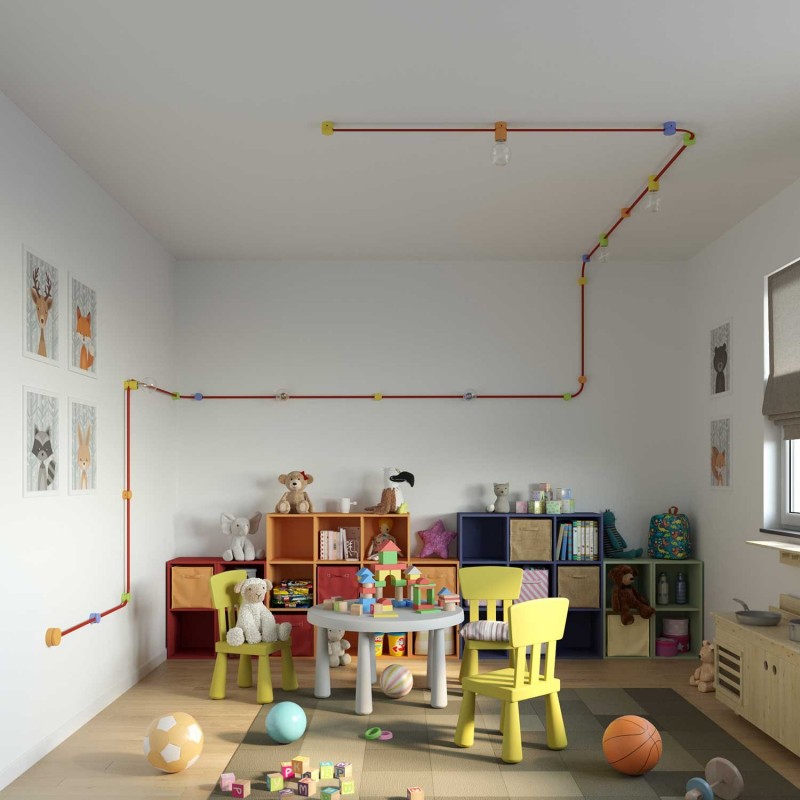 Pasacables madera Filé System para cable textil guirnalda. Fabricado en Italia