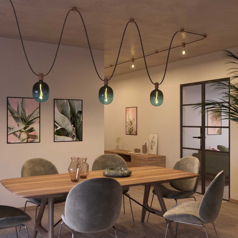 Pasacables madera Filé System para cable textil guirnalda. Fabricado en Italia
