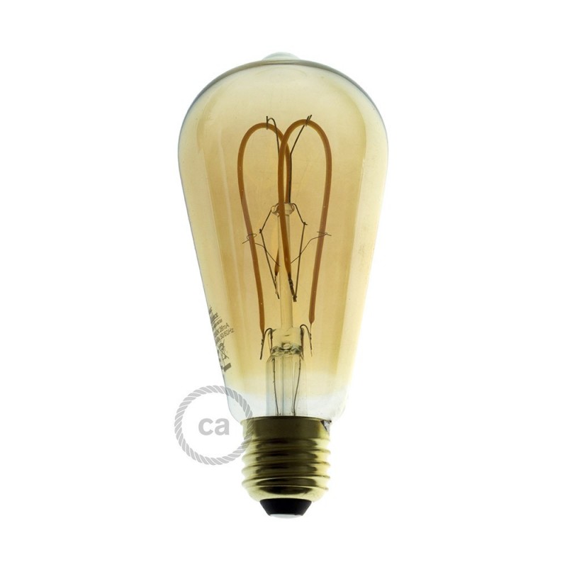Bombilla Dorada LED Edison ST64 Filamento Curvado con Doble Loop 5W E27 Dimmable 2000K