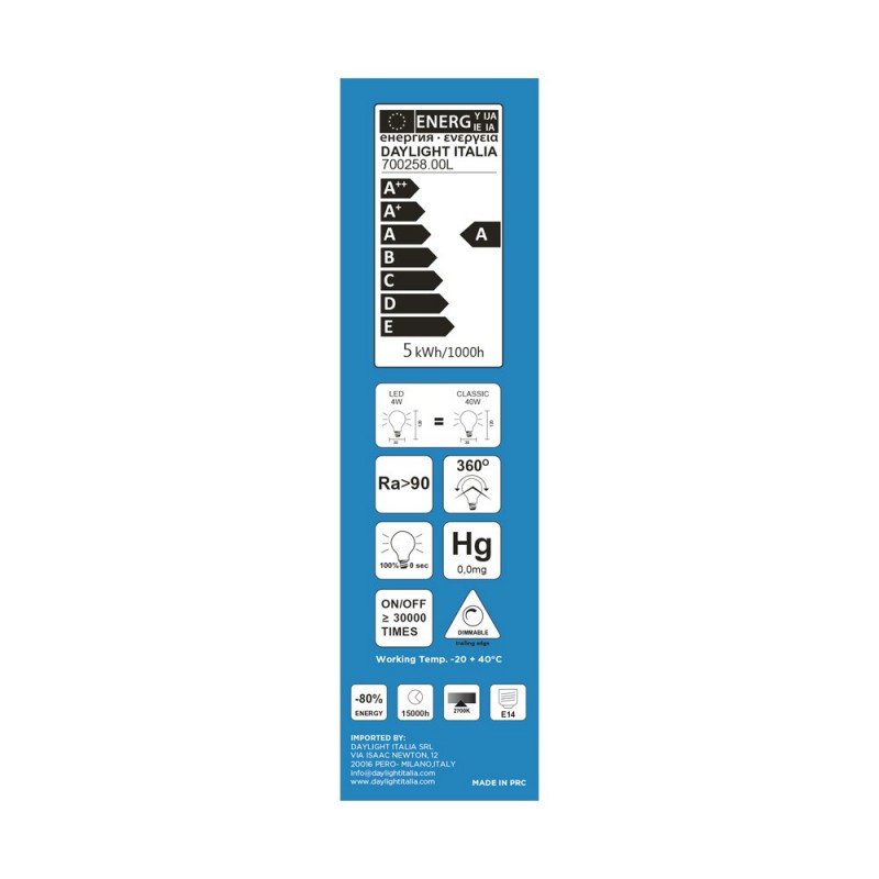 Bombilla LED tubular, blanco satinado - E14 4W regulable 2700K