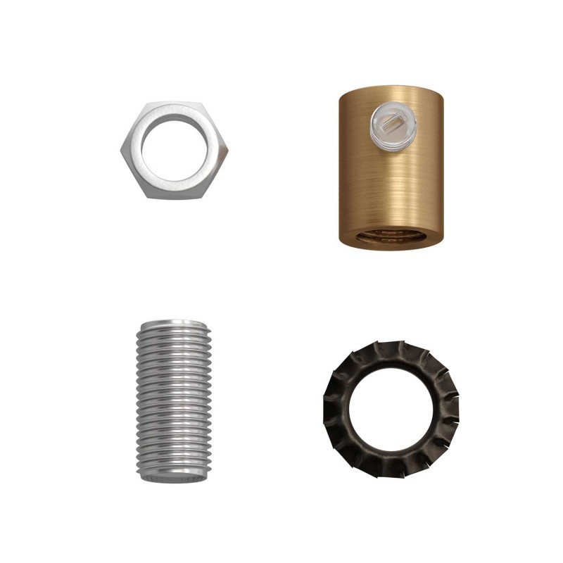 Prensaestopa redondo metal con acabado latón satinado completo con tubo roscado, tuerca y arandela.