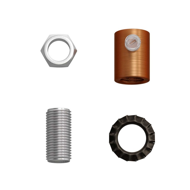 Prensaestopa redondo metal con acabado cobre satinado completo con tubo roscado, tuerca y arandela.