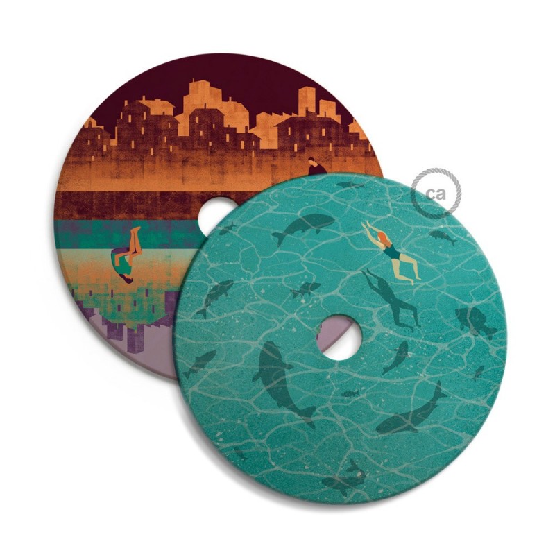 UFO Pantalla de madera ilustrada por varios artistas, doble cara - Diámetro 33cm