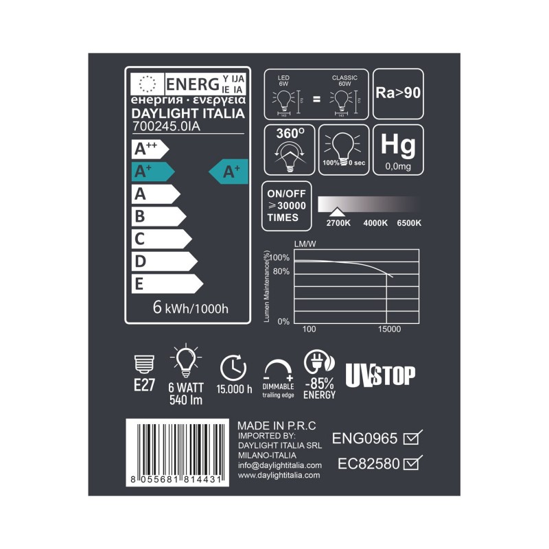 Bombilla LED de Porcelana Siro 6W E27 Regulable 2700K