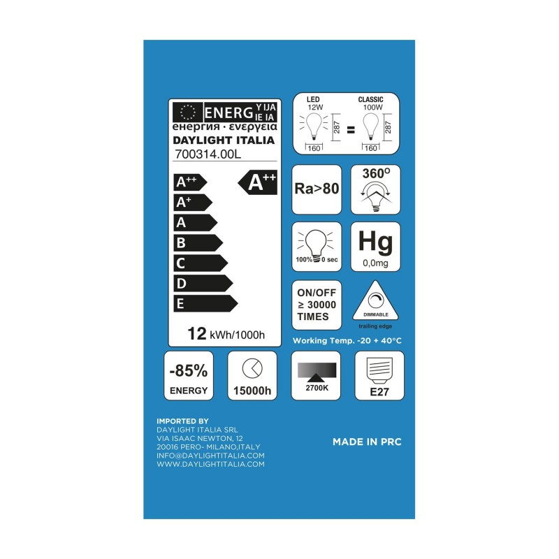 Bombilla LED XXL blanco leche A165 12W E27 Regulable 2700K
