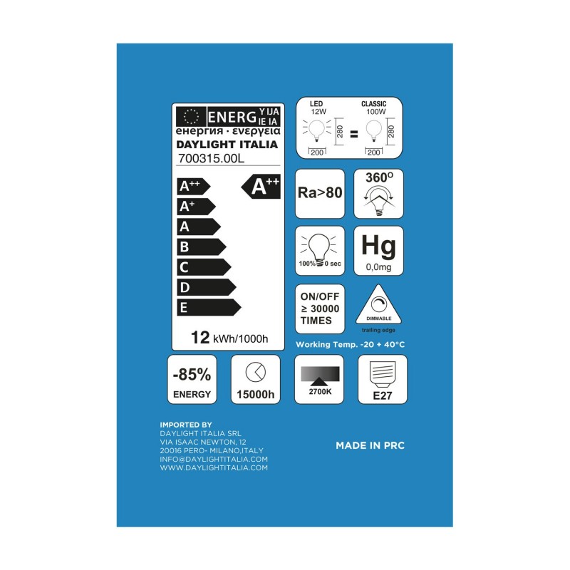 Bombilla LED XXL blanco leche G200 12W E27 Regulable 2700K